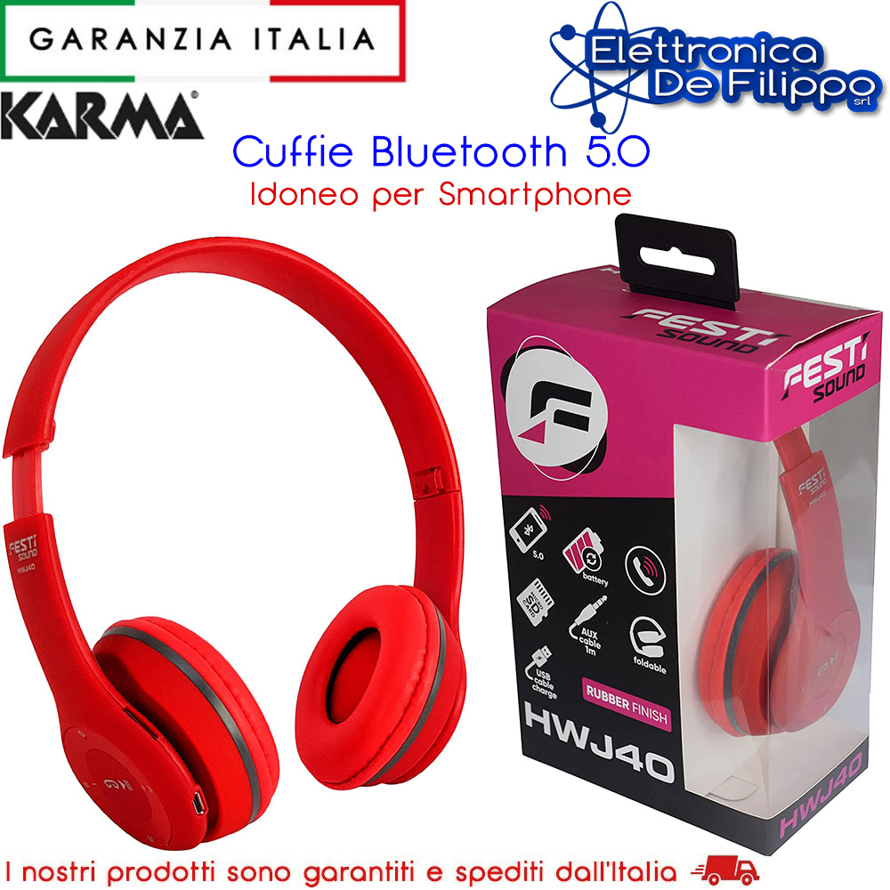 HWJ40R - Altoparlanti e Cuffie - elettronicadefilippo srl - HWJ 40R Cuffia  bluetooth 5.0 rossa per Smartphone