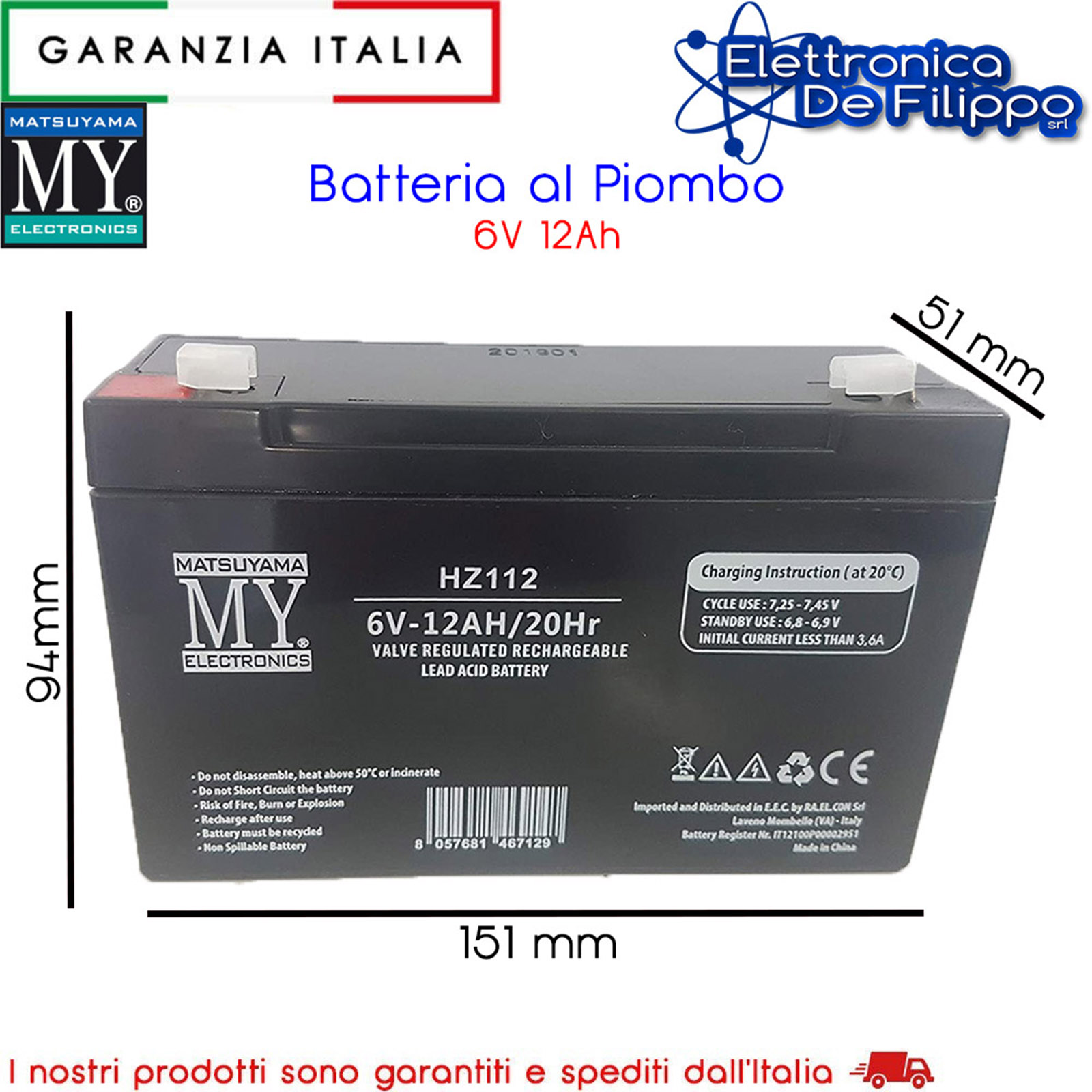 WEN16072 - Batterie al Piombo - elettronicadefilippo srl - BATTERIA AL  PIOMBO RICARICABILE 6V 12A SKB GBC 38621005