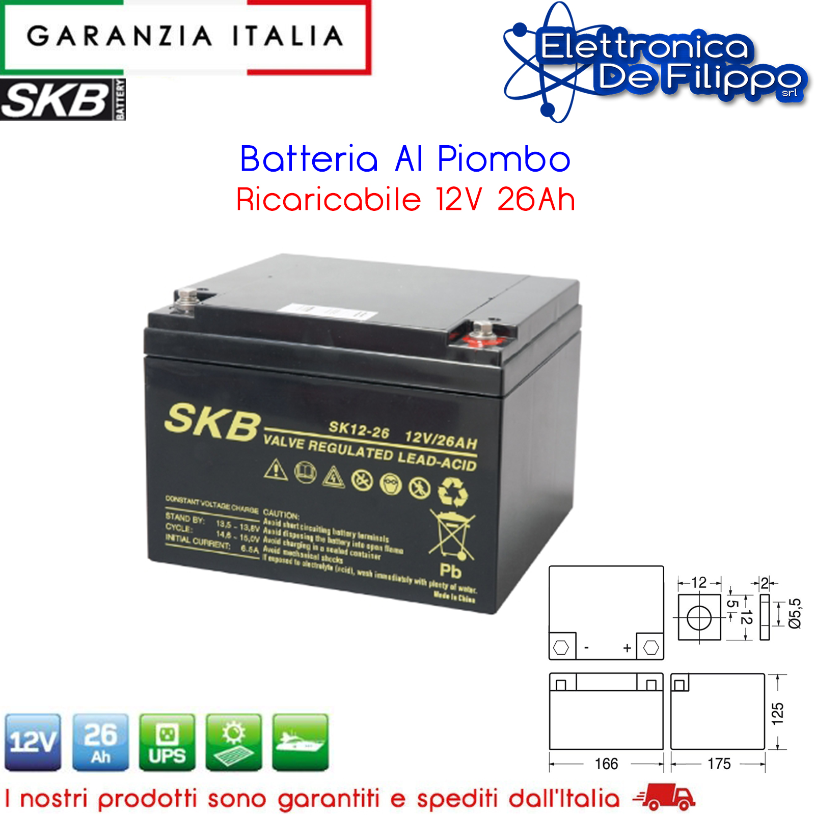 Batteria al piombo 12V 5,2AH SKB ricaricabile