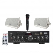KIT Cabaret e intrattenimento con amplificatore coppia casse bianche e microfono